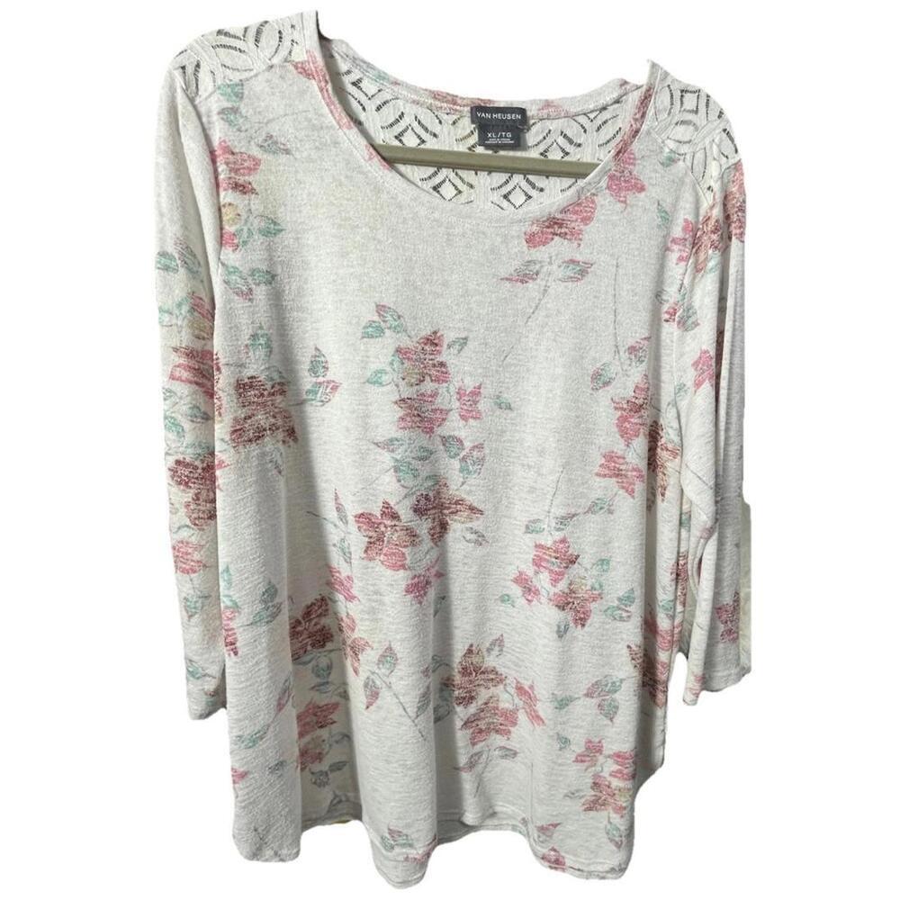 Van Heusen Women’s Ivory Floral Light Sweater Lace Detail On Back Sz XL